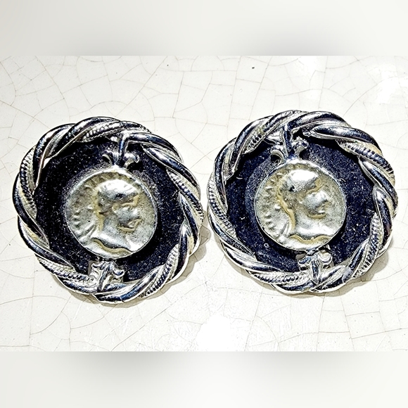 Classic Greek Roman coin silver and blue round button posts pierced earrings - Picture 7 of 7